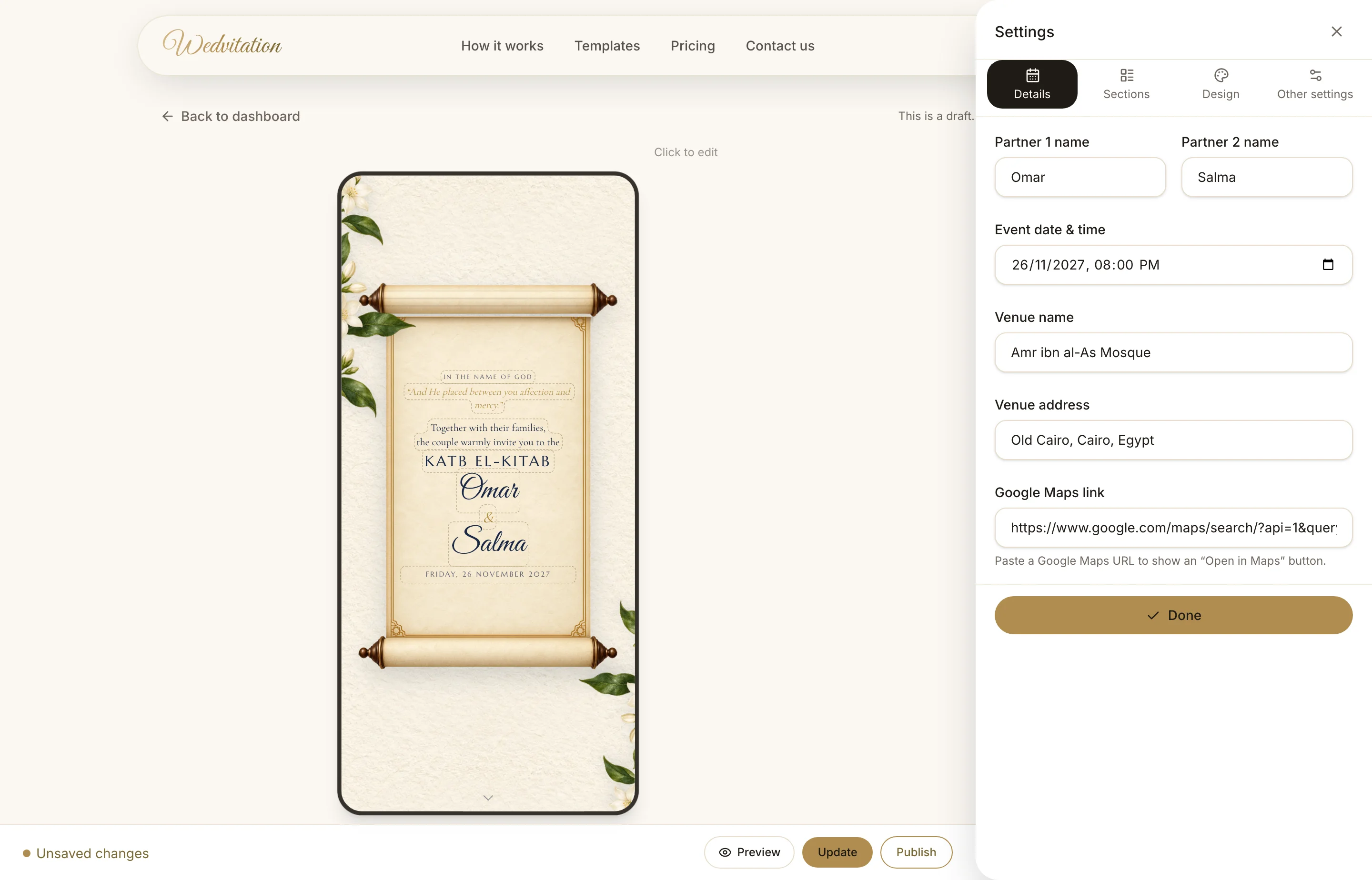The Wedvitation editor, with the invitation's editable parts outlined